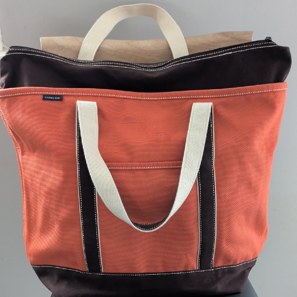 Lands' End Orange Large Canvas Zip-Top Tote EUC - Picture 3 of 9